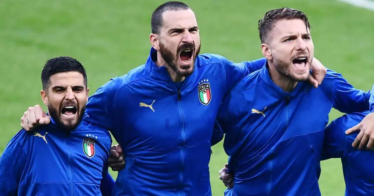 Lorenzo Insigne, Leonardo Bonucci, Ciro Immobile belt out Italy national anthem