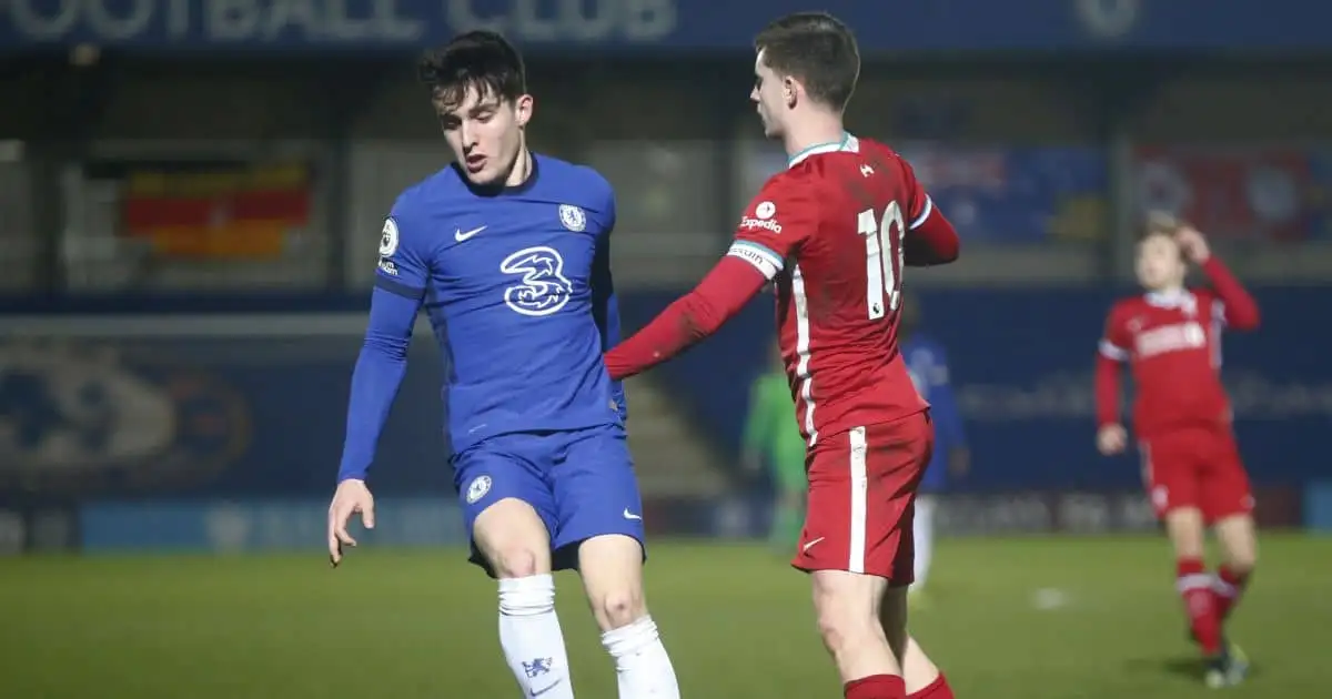 Valentino Livramento tackles for the ball Chelsea Under-23s v Liverpool Under-23s February 2021