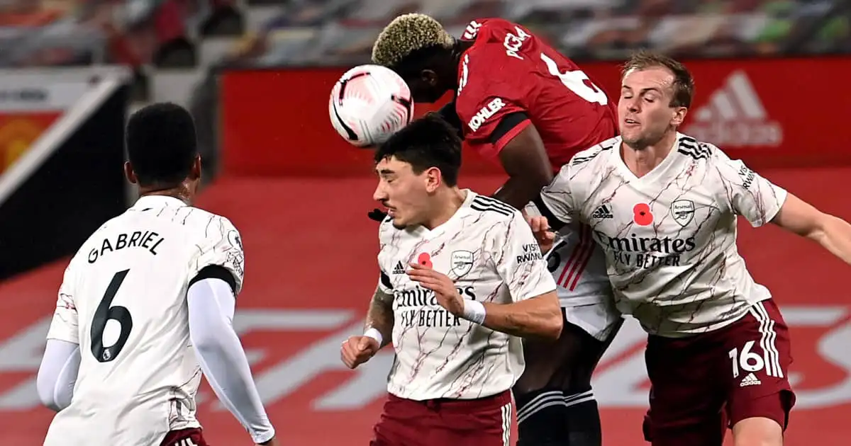 Hector Bellerin challenging Paul Pogba, Arsenal v Man Utd, 2020