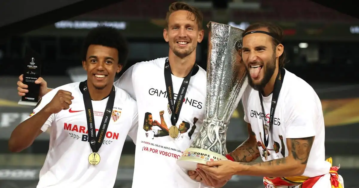 Jules Kounde, Luuk de Jong, and Nemanja Gudelj, Sevilla, Europa League win