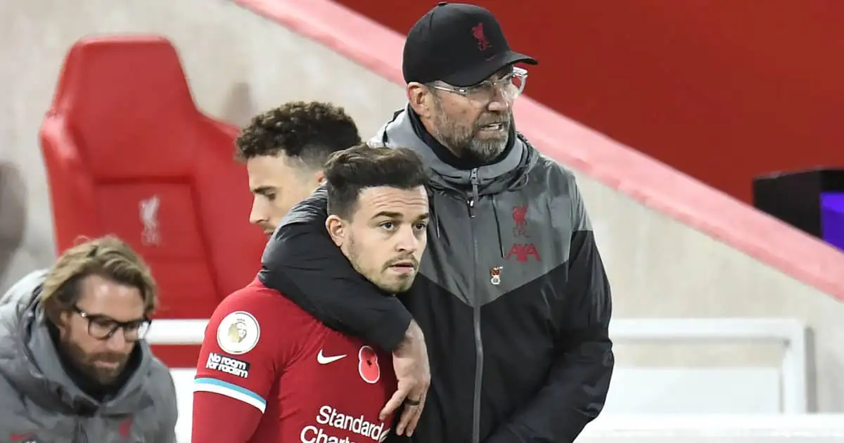 Jurgen Klopp embracing Xherdan Shaqiri, Liverpool, 2020