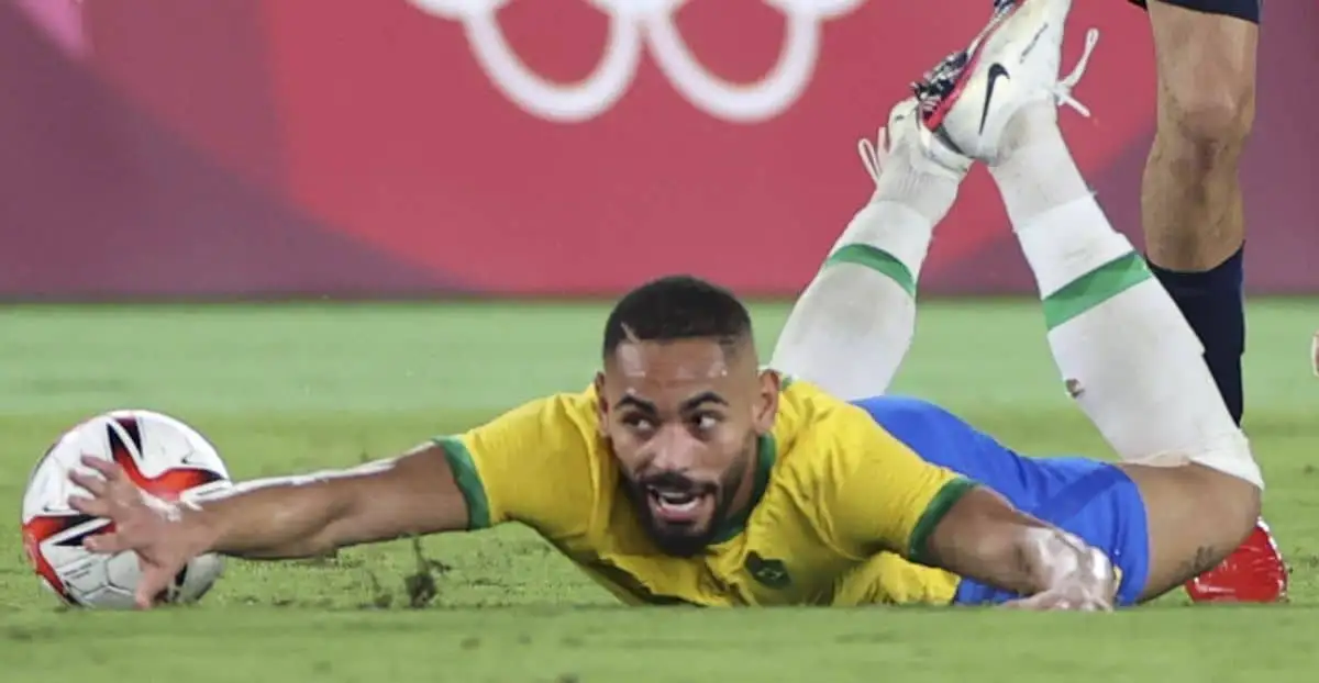 Matheus Cunha takes a tumble, Brazil, during Olympic gold medal match at Olympics v Spain in Yokohama