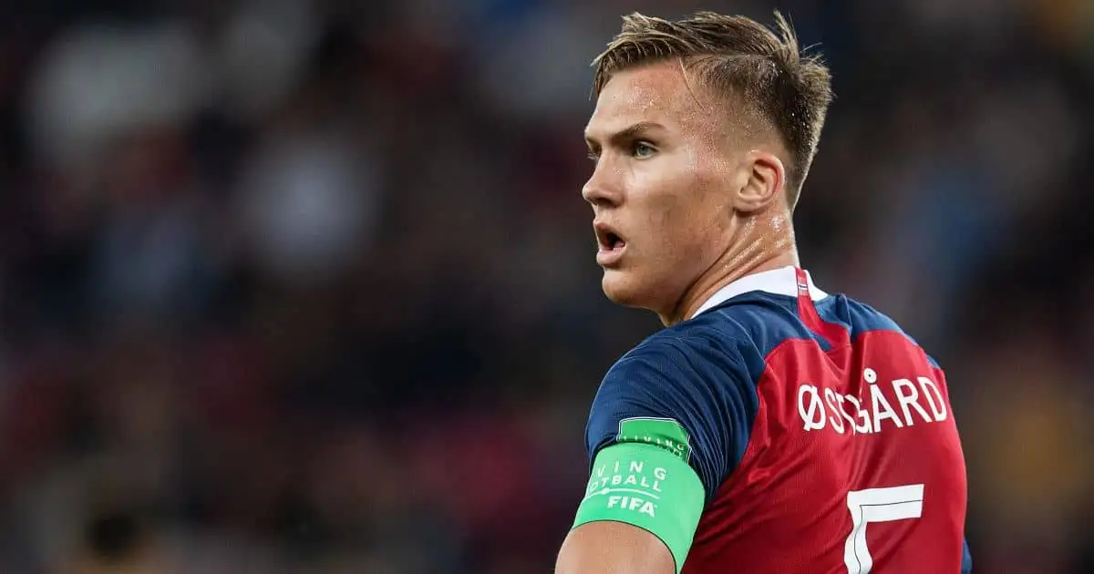 Leo Skiri Ostigard in action for Norway at the Under-20s World Cup game v Uruguay