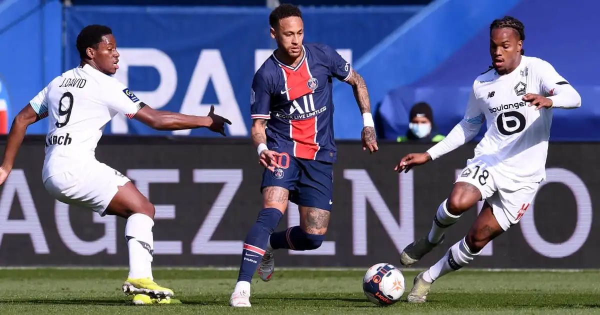 Lille pair Jonathan David and Renato Sanches battling with PSG attacker Neymar during a Ligue 1 clash