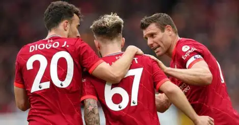 Liverpool stars Diogo Jota and James Milner guiding youngster Harvey Elliott during pre-season 2021