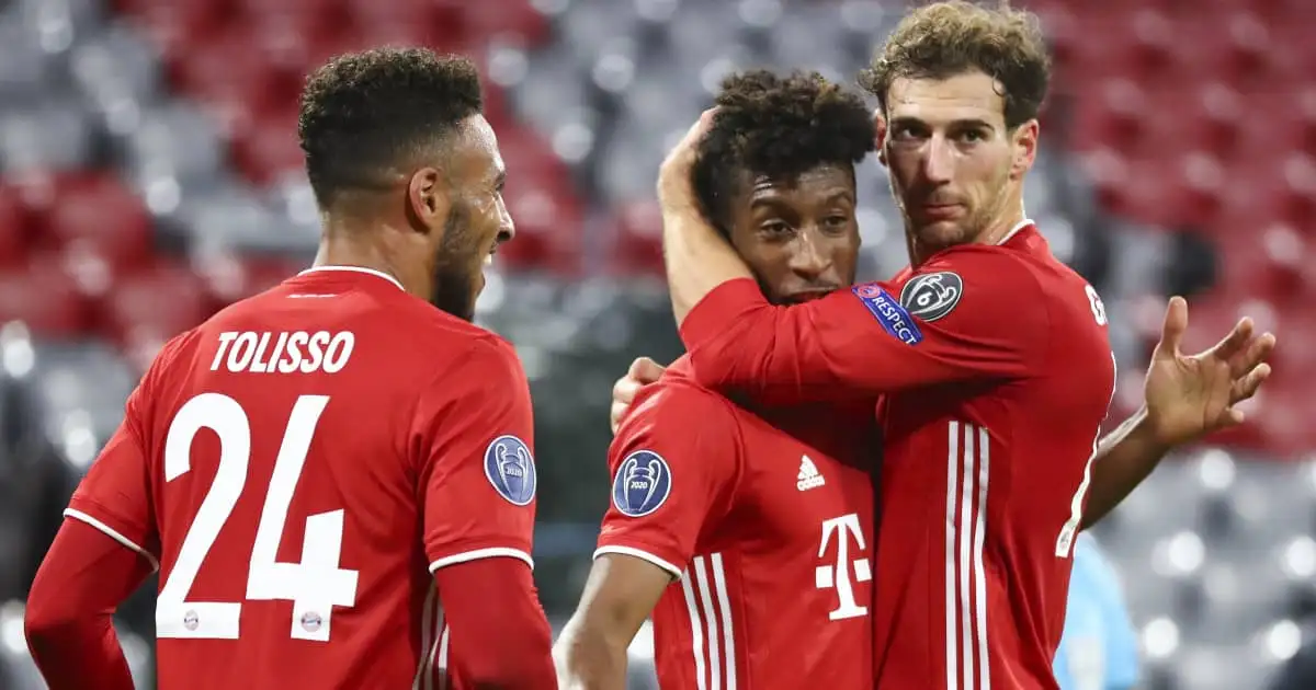 Bayern team-mates Corentino Tolisso Kingsley Coman and Leon Goretzka celebrating together