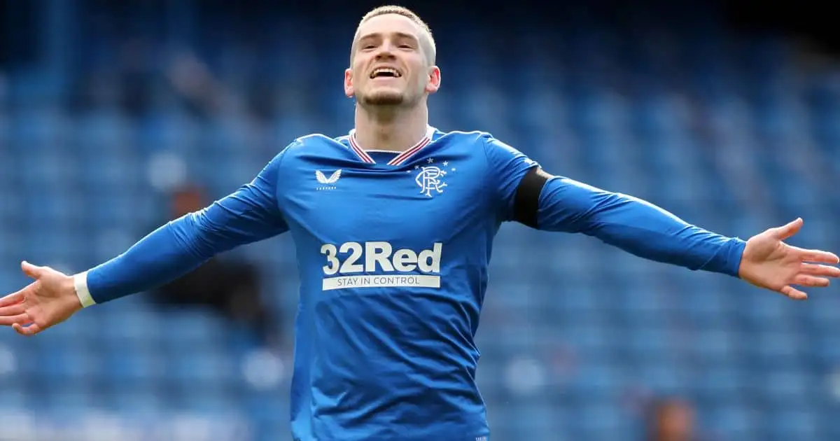 Rangers' Ryan Kent celebrates scoring their side's second goal of the game during the Scottish Premiership match at Ibrox