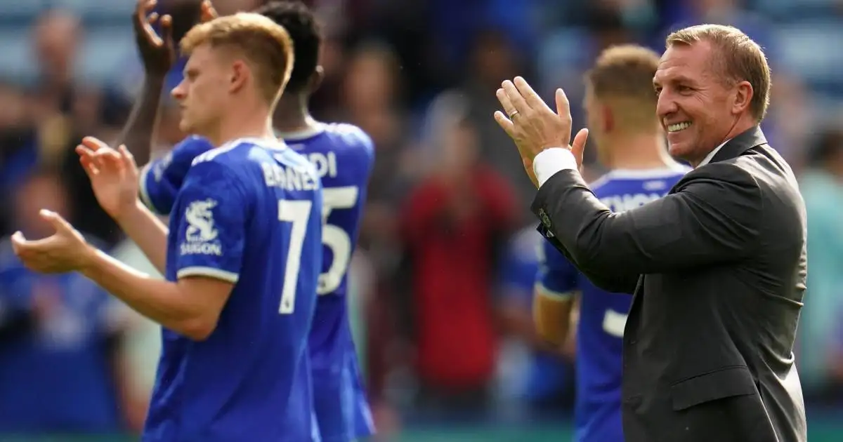 Brendan Rdogers applauds Leicester fans after beating Wolves 1-0