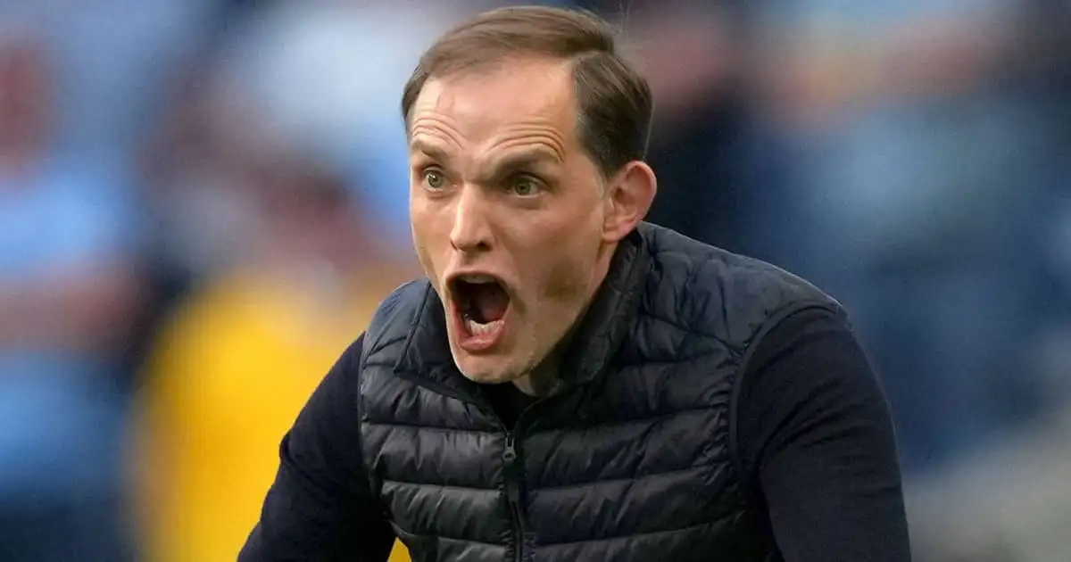 Chelsea manager Thomas Tuchel shotuing at his players during the Champions League final v Man City