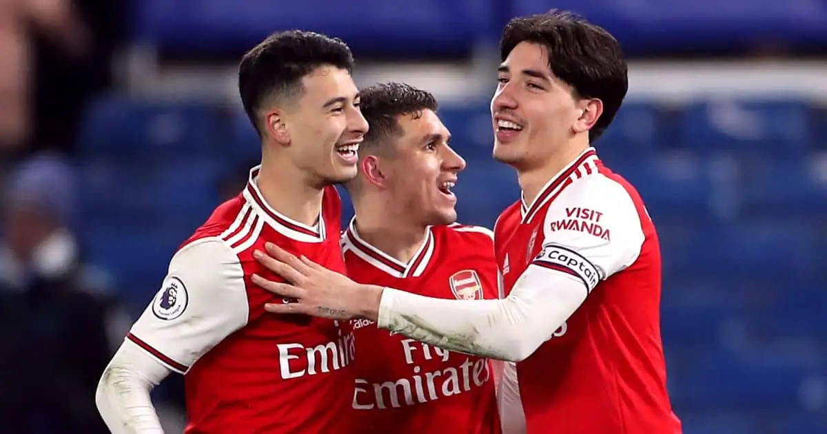 Gabriel Martinelli Lucas Torreira and Hector Bellerin celebrate Arsenal win over Chelsea in January 2020