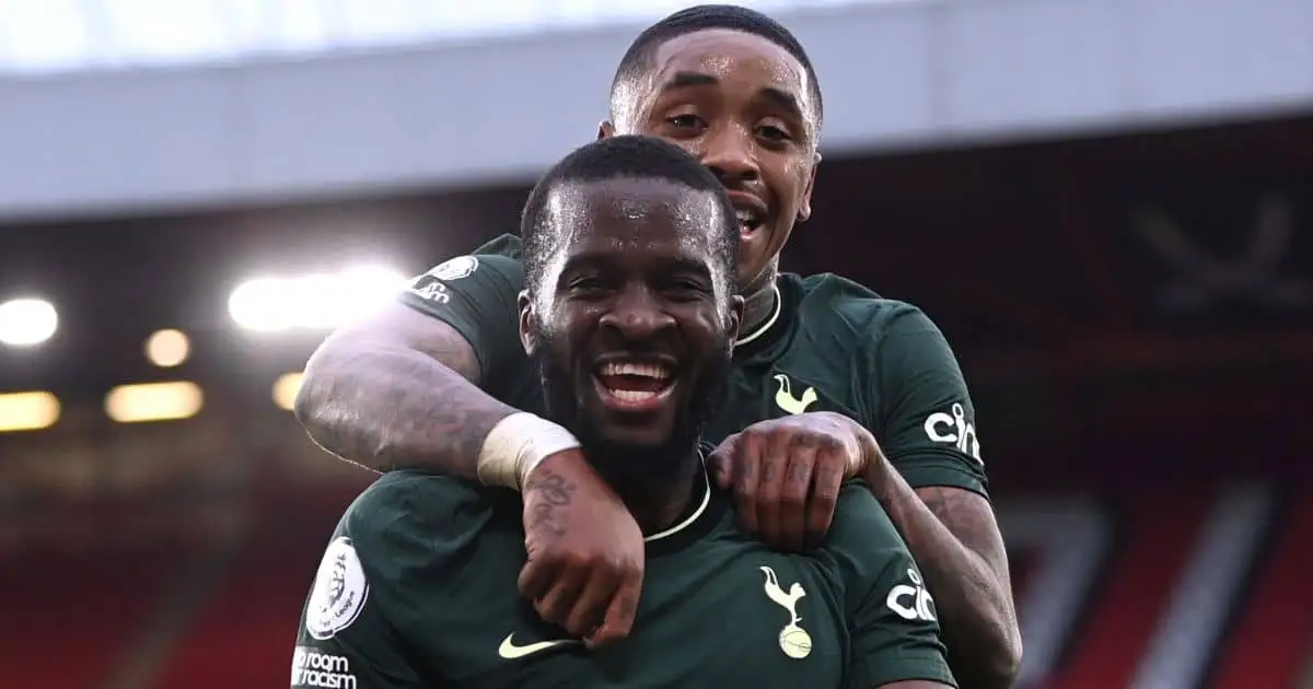Tottenham Hotspur's Tanguy Ndombele celebrates scoring his side's third goal of the game with teammate Steven Bergwijn during the Premier League match at Bramall Lane, Sheffield.