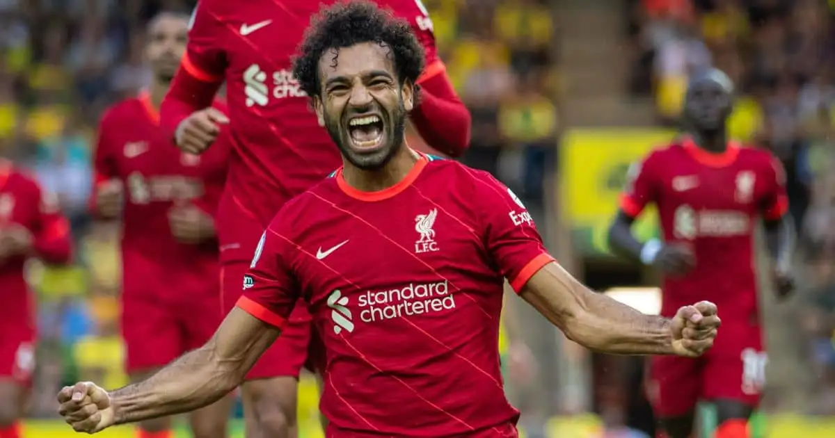 Mohamed Salah celebrates after scoring the third goal during the 2021-2022 season English Premier League first round match between Norwich City and Liverpool