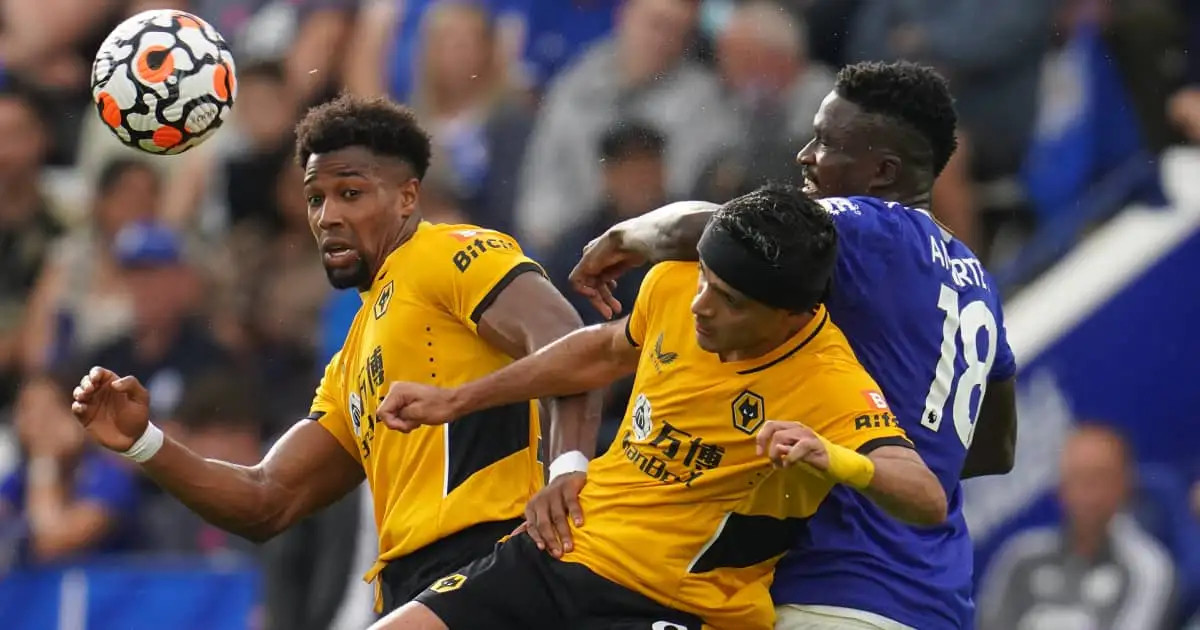 Adama Traore and Raul Jimenez competing for possession versus Daniel Amartey