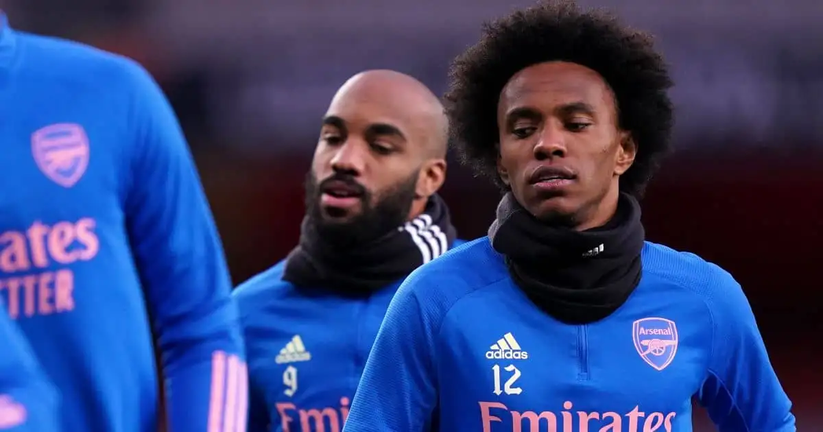 Alexandre Lacazette and Willian (left-right) warming up before the UEFA Europa League match v Slavia Prague at Emirates Stadium,