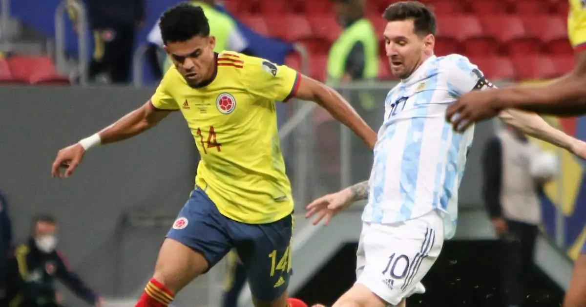 Luis Diaz battles with Lionel Messi during Colombia vs Argentina in the Copa America, July 2021