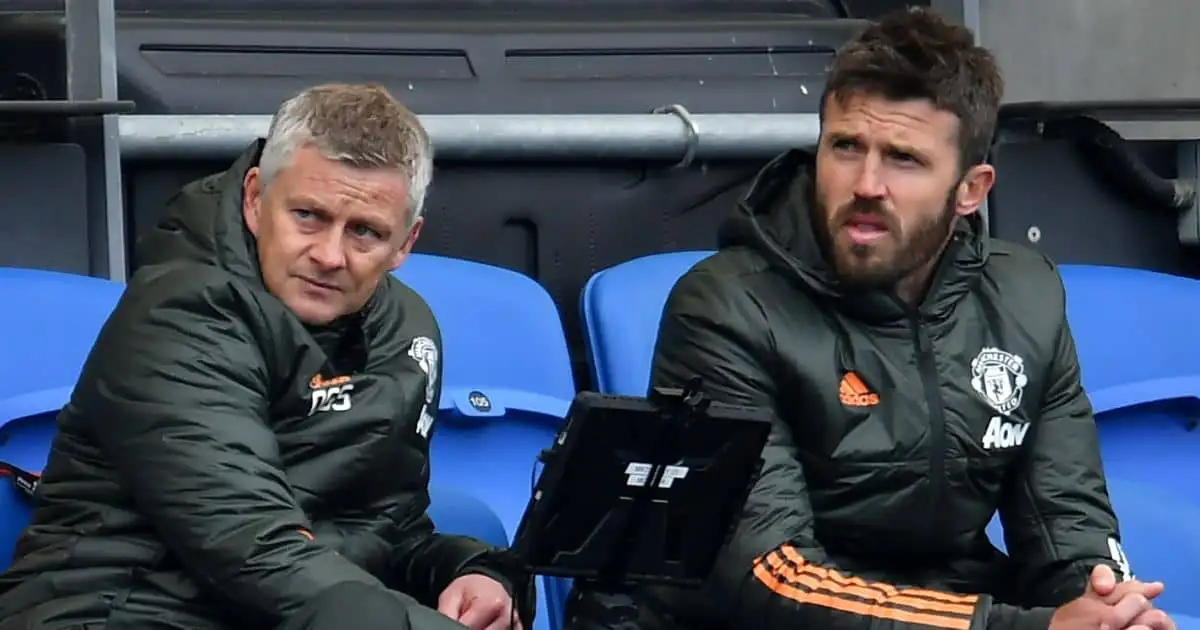 Manchester United manager Ole Gunnar Solskjaer (left) with first-team coach Michael Carrick in the stands during the Premier League match at the AMEX Stadium, Brighton