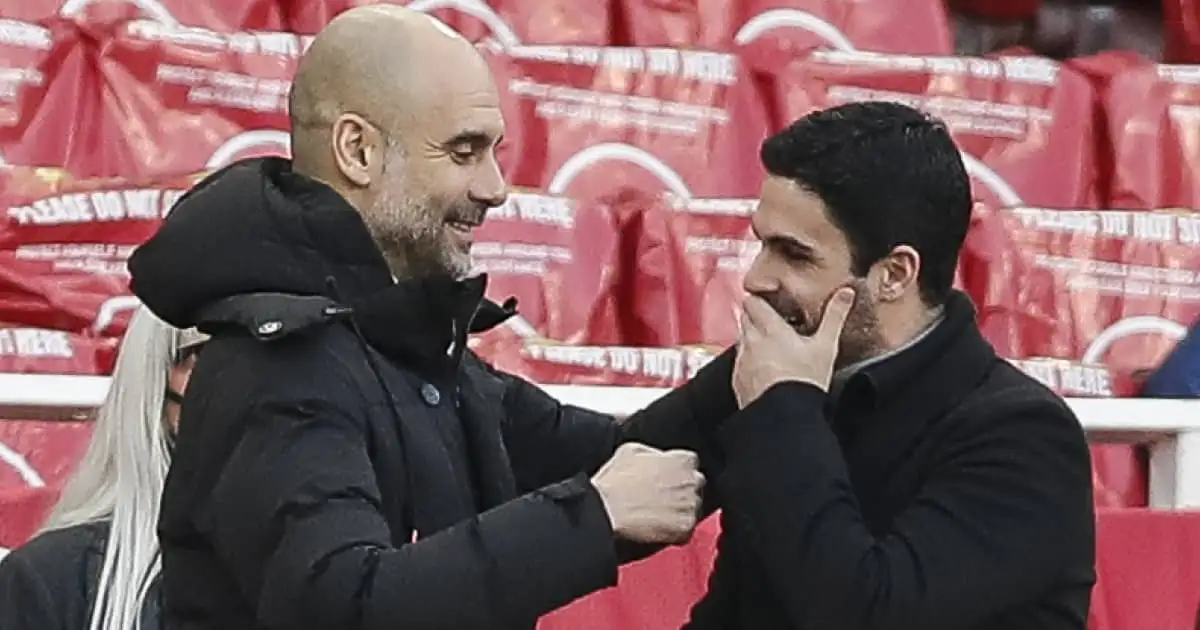 Pep Guardiola talking to Mikel Arteta on the touchline