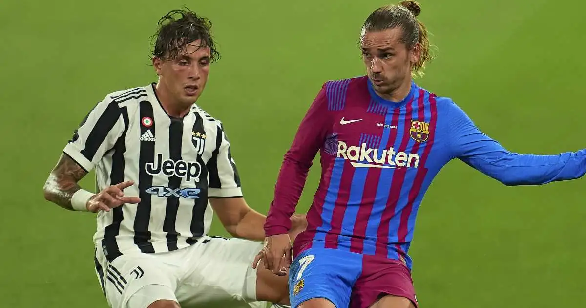 Luca Pellegrini of Juventus and Antoine Griezmann of Barcelona during a pre-season friendly, August 2021