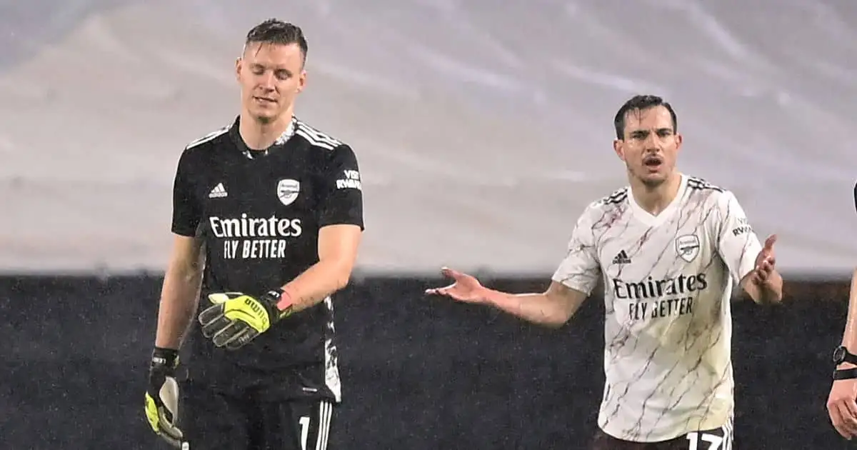 Bernd Leno and Cedric Soares react to red card