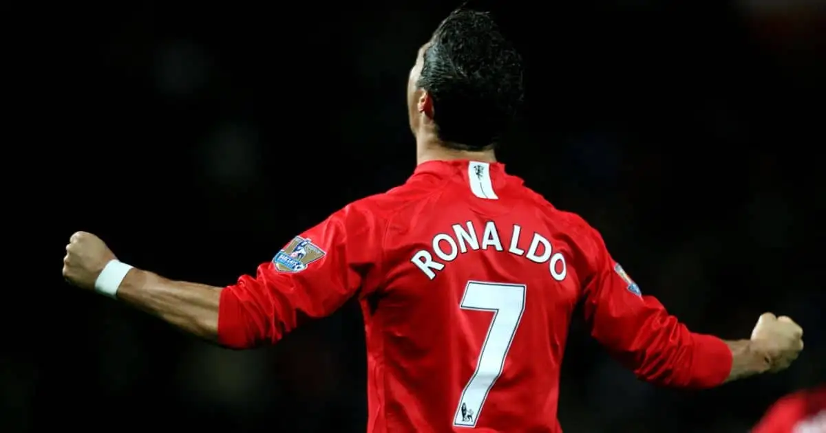 Cristiano Ronaldo celebrating in Man Utd number seven shirt