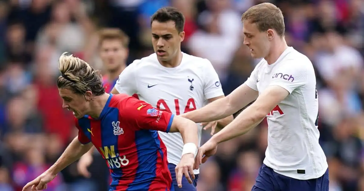 Crystal Palace's Conor Gallagher and Tottenham Hotspur's Oliver Skipp (right) battle for the ball during the Premier League match at Selhurst Park, London