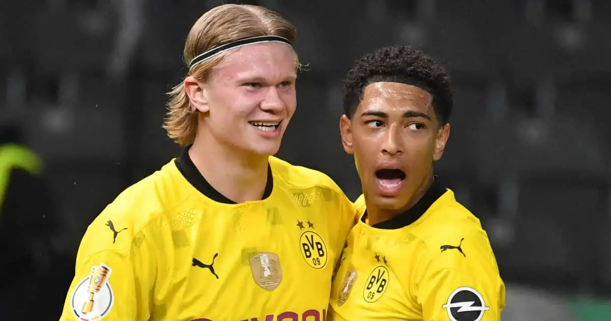 Erling Haaland celebrating a Borussia Dortmund goal with team-mate Jude Bellingham 2021