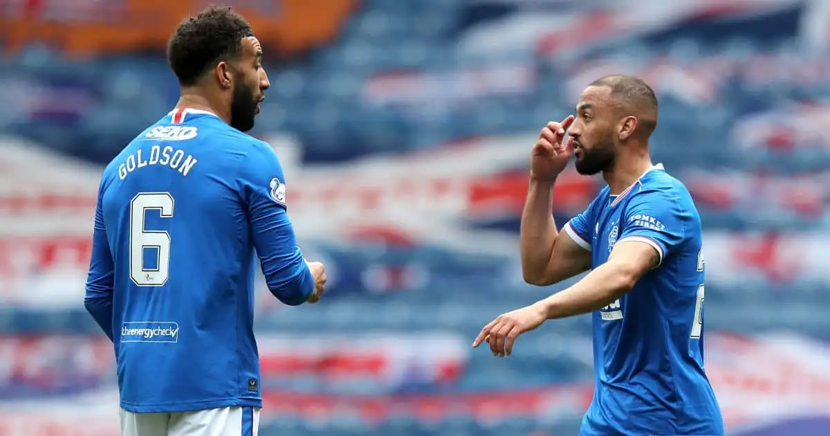Rangers' Kemar Roofe (right) celebrates scoring their side's first goal of the game with teammate Connor Goldson during the Scottish Premiership match against Celtic at Ibrox Stadium, Glasgow