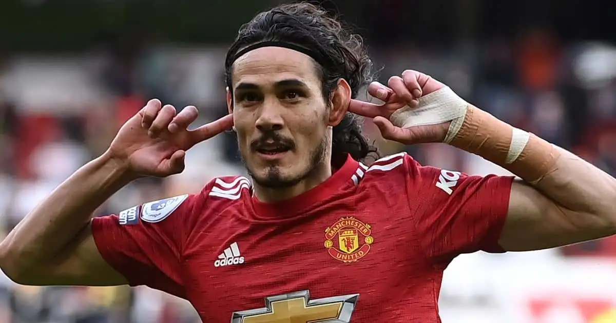 Manchester United's Edison Cavani reacts after scoring during the English Premier League soccer match between Manchester United and Fulham FC