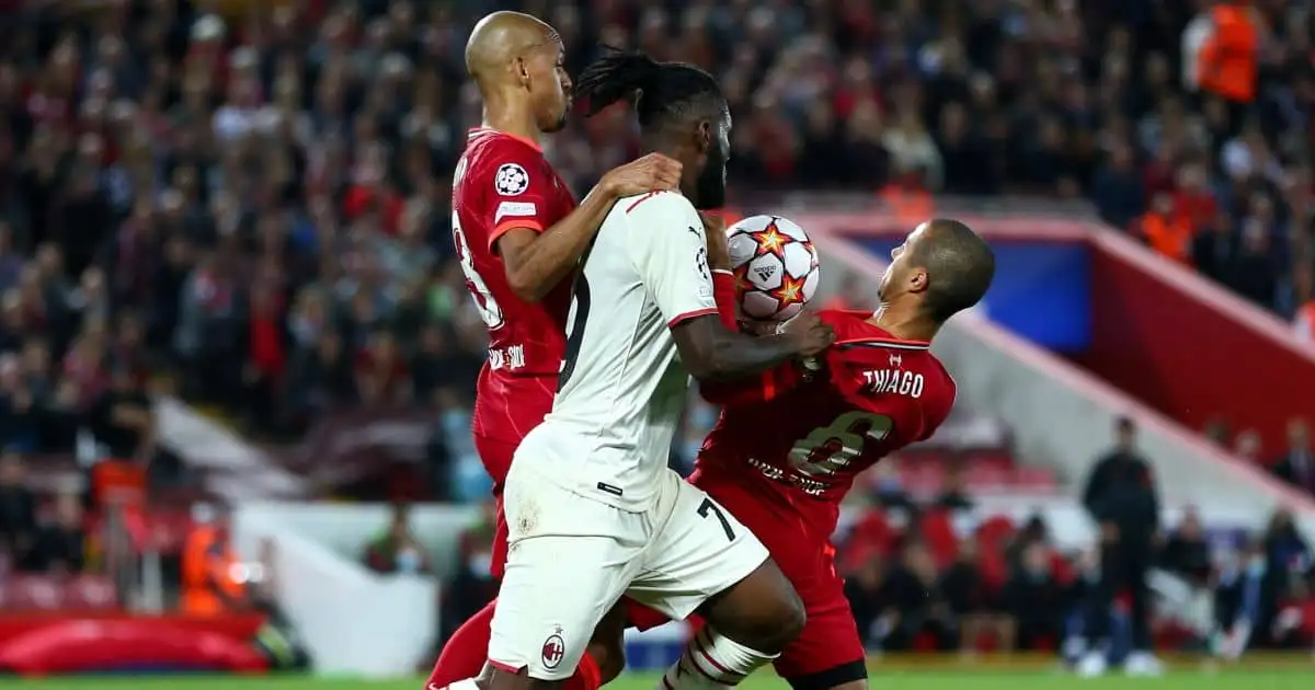 AC Milan's Franck Kessie, Liverpool's Fabinho and Thiago Alcantara