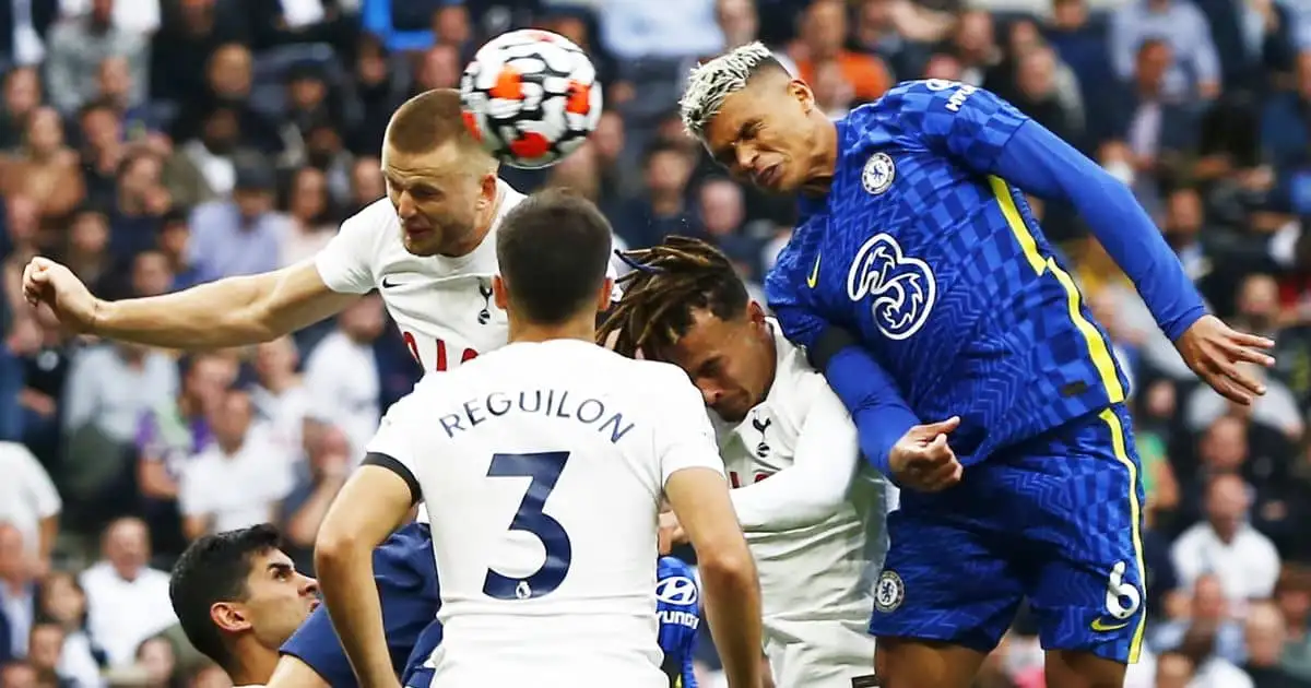 Chelsea's Thiago Silva heads in a goal against Tottenham