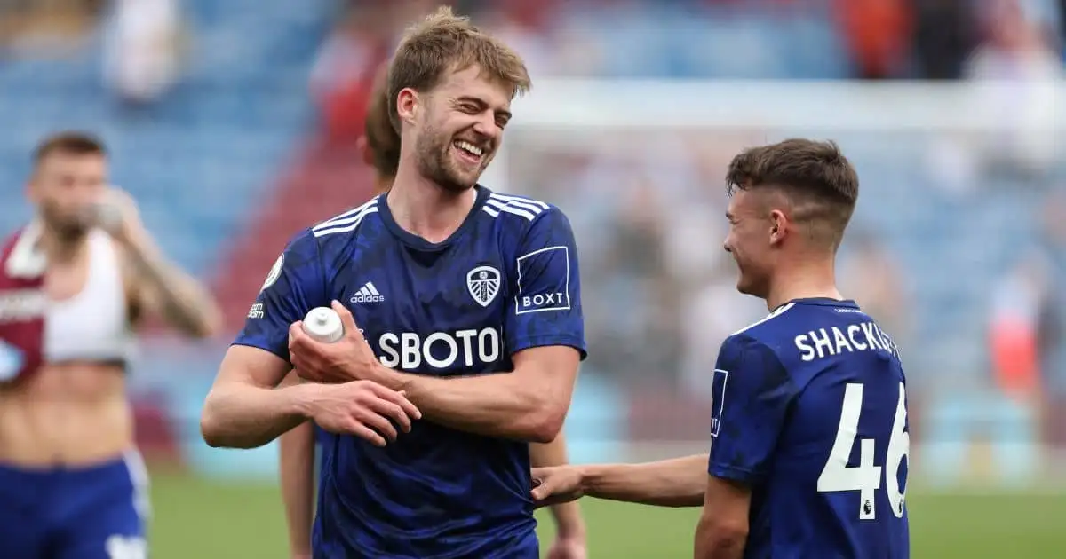 Leeds United's Patrick Bamford (left) celebrates with Jamie Shackleton after the Premier League match at Turf Moor, Burnley