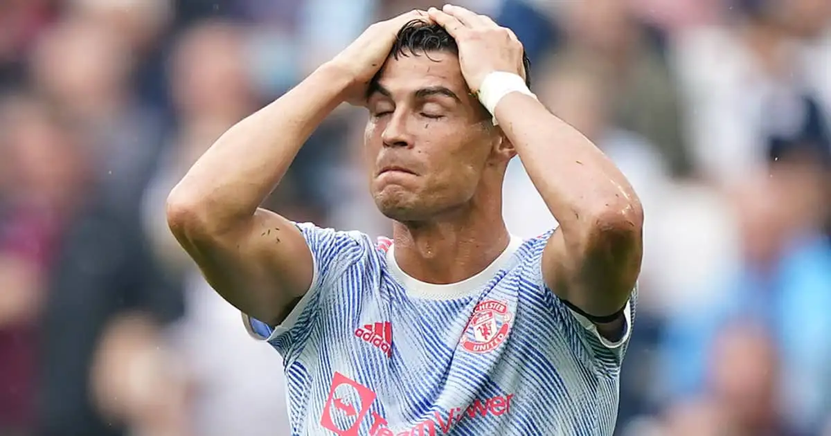 Man Utd striker Cristiano Ronaldo looking disappointed 2021