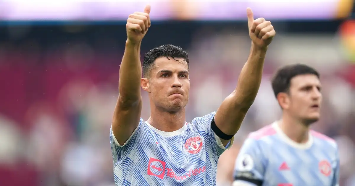 Cristiano Ronaldo giving two thumbs up while playing for Man Utd 2021