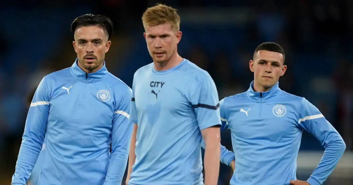 Man City attackers Jack Grealish, Kevin De Bruyne and Phil Foden 2021
