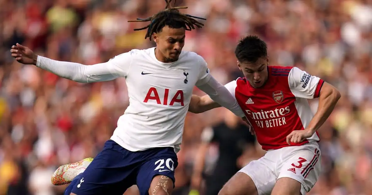 Tottenham Hotspur's Dele Alli (left) and Arsenal's Kieran Tierney battle for the ball during the Premier League match at the Emirates Stadium, London. Tottenham v Arsenal