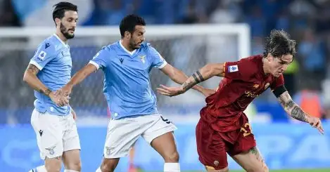 Lazio pair Luis Alberto and Pedro trying to tackle Roma midfielder Nicolo Zaniolo 2021