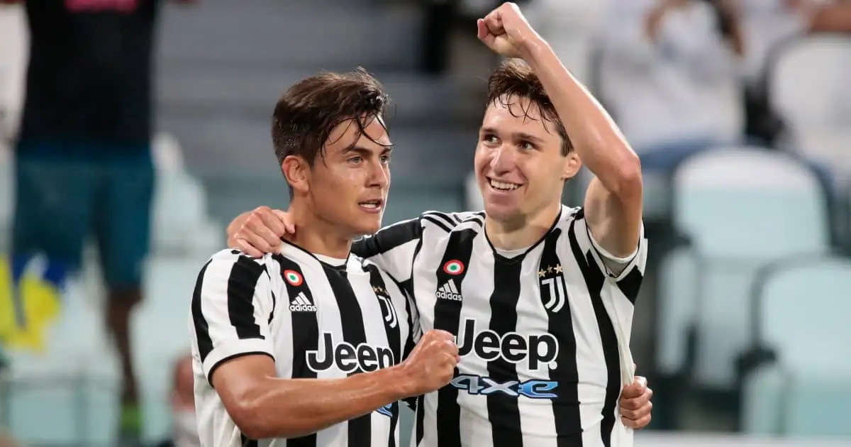 Juventus stars Paolo Dybala and Federico Chiesa celebrating a pre-season goal 2021