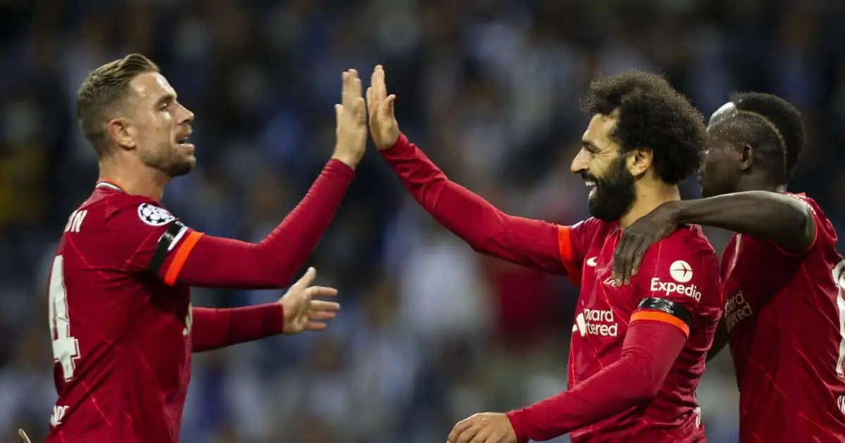 Mo Salah celebrates scoring Liverpool's Champions League opener at Porto
