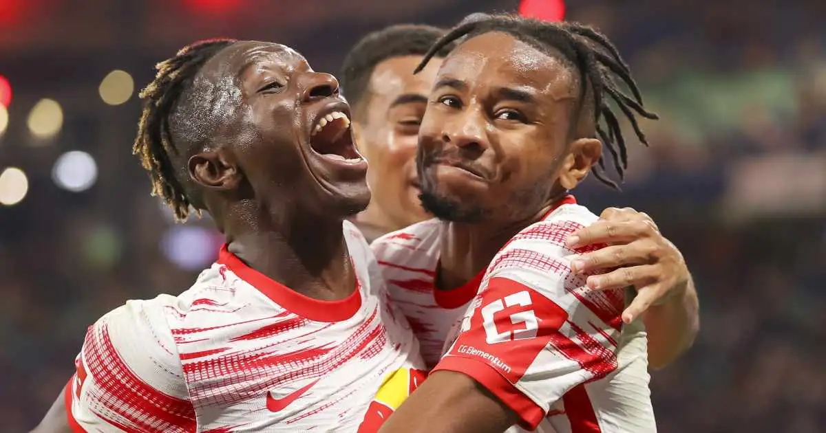 Amadou Haidara and Christopher Nkunku celebrate for RB Leipzig
