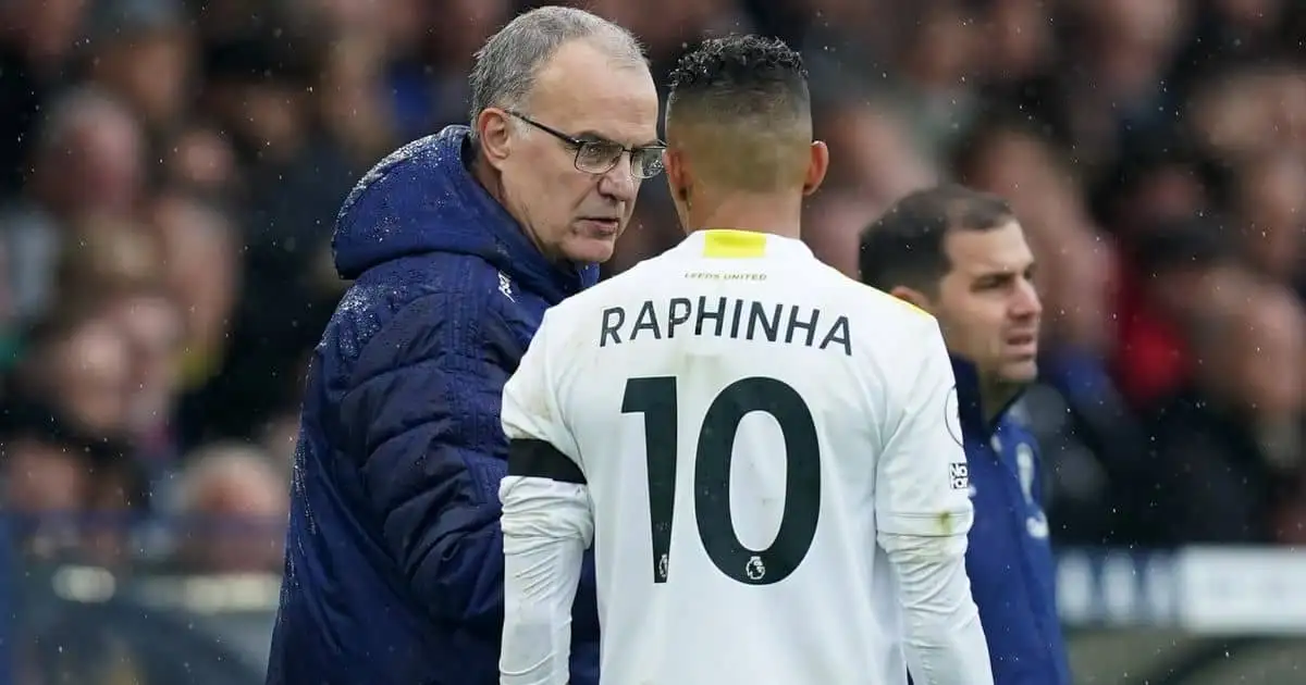 Leeds United manager Marcelo Bielsa speaks with Raphinha on the touchline during the Premier League match against Watford at Elland Road