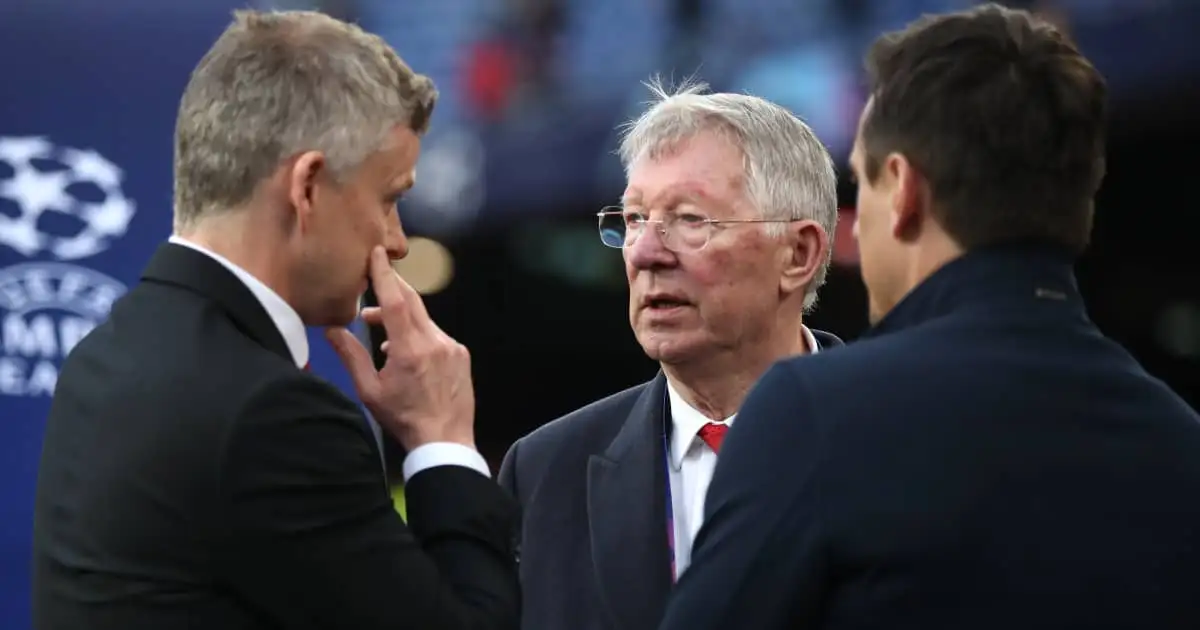 Sir Alex Ferguson looking at Man Utd manager Ole Gunnar Solskjaer