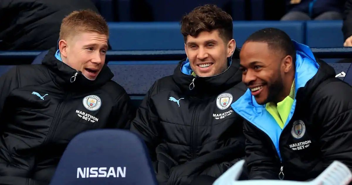 Manchester City's Kevin De Bruyne (left) John Stones (centre) and Raheem Sterling before the FA Cup fourth round match at the Etihad Stadium