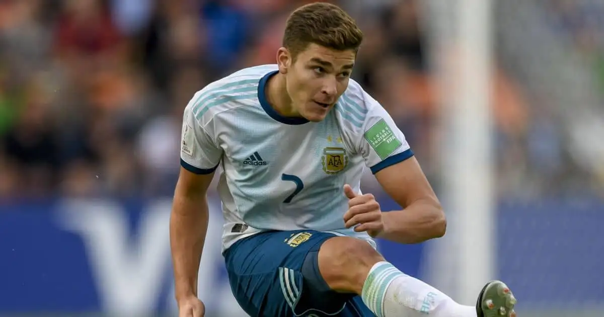 Julian Alvarez of Argentina takes a free kick during the FIFA U-20 World Cup against Portugal