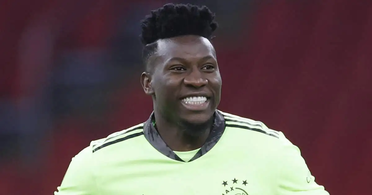 Ajax goalkeeper Andre Onana smiling during a league match 2021
