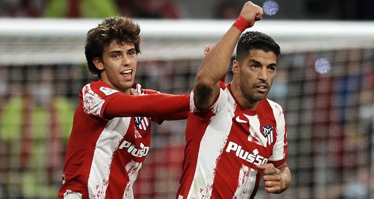 Atletico Madrid forward Joao Felix celebrating after Luis Suarez scored a La Liga goal in October, 2021