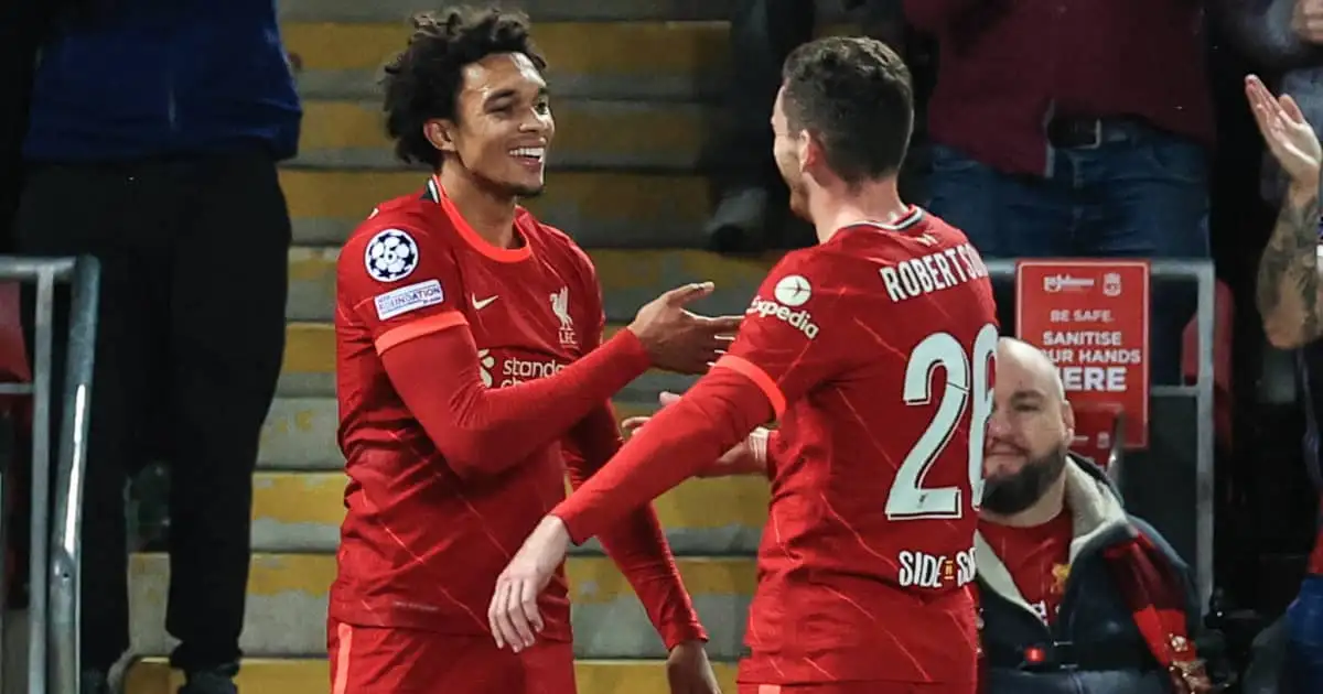 Liverpool full-backs Trent Alexander-Arnold and Andy Robertson celebrating 2021