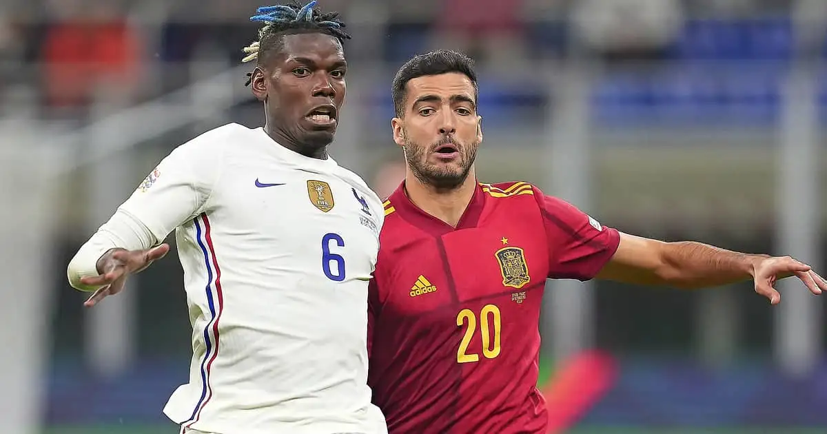 Paul Pogba battles with Mikel Merino during the Nations League 2021 final of France vs Spain