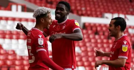 Nottingham Forest's Lyle Taylor (left) celebrates with teammate Sammy Ameobi after scoring his sides first goal during the Sky Bet Championship match at the City Ground