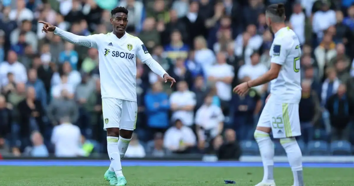 Junior Firpo of Leeds United remonstrates with Jack Harrison of Leeds United during the Pre-season Friendly match between Blackburn Rovers and Leeds United at Ewood Park