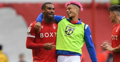 Lewis Grabban of Nottingham Forest and Lyle Taylor of Nottingham Forest celebrate victory